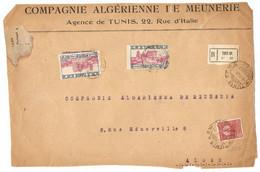 DEVANT DE LETTRE TUNISIE RECOMMANDÉE RP 1928 Cie ALGÉRIENNE DE MEUNERIE TUNIS → 8 RUE MÉNERVILLE ALGER - Briefe U. Dokumente