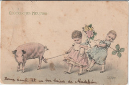 Bonne Et Heureuse Année - Fillettes Tenant Un Cochon En Laisse - M.M. Vienne N°123 - Wichera (LOT S11) - Wichera