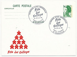 Entier Repiqué - C.P. 1,80 Liberté - Fête Des Collèges - Parc Chanot - MARSEILLE - 19/20 Avril 1986 - Cartes Postales Repiquages (avant 1995)