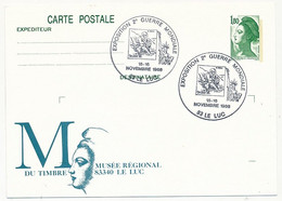 Entier Repiqué - 1,80 Liberté - Exposition 2eme Guerre Mondiale - Musée Du Timbre - 15-16 Nov 1986 - 83 LE LUC - Cartes Postales Repiquages (avant 1995)