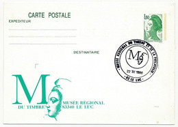 Entier Repiqué - 1,80 Liberté - Musée Régional Du Timbre - Cachet Temporaire - 83 LE LUC - 22/3/1986 - Cartes Postales Repiquages (avant 1995)