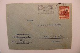 1941 Köln Krasna Poland Ostland Mähren Damenhutfabrik Cover Dt Reich Mi 756 Enveloppe Publicité Pub - Briefe U. Dokumente