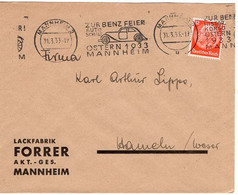 53586 - Deutsches Reich - 1933 - 12Pfg Hindenburg Orange EF A Bf MANNHEIM - ZUR BENZ-FEIER AUTOSCHAU ... -> Hameln - Voitures