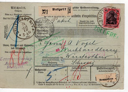 53609 - Deutsches Reich - 1918 - 80Pfg Germania Kriegsdruck EF A Paketkte STUTTGART -> WINTERTHUR (Schweiz) - Cartas & Documentos