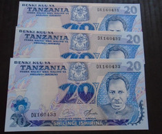TANZANIA  , P 7b , 20 Shillings ,  ND 1978 ,  UNC Neuf  , 3 Notes - Tanzanie