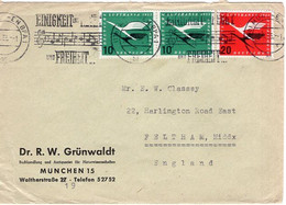 53622 - Bund - 1955 - 20Pfg Lufthansa MiF A Bf MUENCHEN - EINIGKEIT UND RECHT UND FREIHEIT -> Grossbritannien - Musica