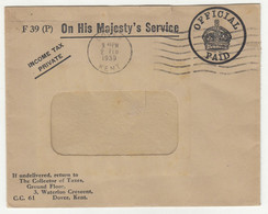 GB OHMS The Collector Of Taxes Official Letter Cover Posted 1939 Dover B220720 - Service