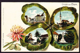 1899 Gelaufene Litho AK: Gruss Aus Cham. 4 Bildrig Im Kleeblatt. Gestempelt Zug Und Bellinzona (Rasierklingen Stempel ) - Cham