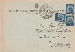 A112. Sassari. 1949. Cartolina Della BIBLIOTECA UNIVERSITARIA DI SASSARI, Per Roma, Con Democratica L. 5 X 3 - 1946-60: Marcophilie