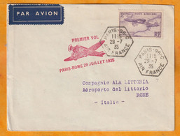 1935 - Enveloppe Par Avion De Paris 96 C Vers Roma Rome Italie - Par 1er Vol - Affrt 2 F 25 Bleriot Seul - 1927-1959 Covers & Documents
