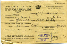 1962 - Attestation De Police D'Assurance D'une Voiture Citroen Pour Un Militaire En Service En Algérie - Bank & Insurance