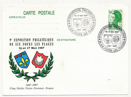 CP Entier Repiqué 1,90 Liberté - Exposition Philatélique - 83 SIX FOURS LES PLAGES - 16 Mai 1987 - Cartes Postales Repiquages (avant 1995)