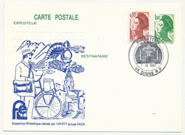 CP Entier Repiqué 1,90 Liberté - Exposition Philatélique UP PTT PACA - 04 DIGNE PHILATELIE - 1/9/1987 - Bijgewerkte Postkaarten  (voor 1995)