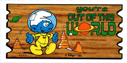 Petite Carte Bande Dessinée Schtroumpf Schtroumpfs Peyo 1982 Smurf Super Cards N°21 Cosmoschtroumpf Espace Astronaute - Advertentie