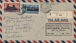 Cachet Premier Voyage Régulier Nouméa Paris Par Air France Recommandé Nouméa Par Avion YT Nouvelle Calédonie 271 272 - Lettres & Documents