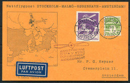 1929 Denmark Night Flight Postcard (Stockholm - Malmo) Copenhagen - Amsterdam Holland - Poste Aérienne