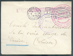 Enveloppe En Franchise Griffe Rouge KRIEGSGEFANGENENSENDUNG  Obl.  BRUXELLES 6-I-1916 Vers Le Comité International De La - Autres & Non Classés