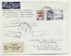 FRANCE FREJUS 25FR+ 100FR LETTRE COVER REC AVION TROYES VOLTAIRE 5.5.1960 POUR POLYNESIE FRANCAISE 1ER LIAISON - 1959-1960 Marianne (am Bug)