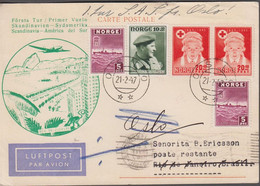 1947. NORGE. 2 Ex 5 ØRE SLEIPNER + 10+10 + Pair 20+10 ØRE RED CROSS On Postcard Första Tur /... (Michel 276+) - JF523502 - Briefe U. Dokumente