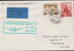 1939. NORGE. 15 ØRE + 20 ØRE TURISME On Small Cover Cancelled LUFTPOSTRUTEN OSLO - AMSTERDAM... (Michel 200+) - JF523504 - Storia Postale