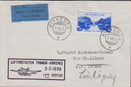 1938. NORGE. 30 ØRE TURISME On Small Cover Cancelled LUFTPOSTRUTEN TROMSØ-KIRKENES 2-7-1938 1... (Michel 197) - JF523508 - Cartas & Documentos