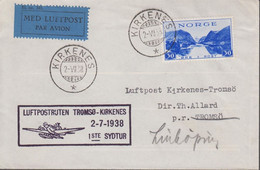 1938. NORGE. 30 ØRE TURISME On Small Cover Cancelled LUFTPOSTRUTEN TROMSØ-KIRKENES 2-7-1938 1... (Michel 197) - JF523514 - Covers & Documents