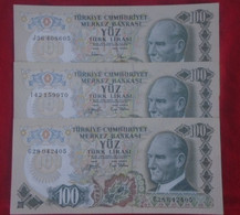 TURKEY , P 189 , 100 Lira , L 1970 ,  UNC  Neuf , 3 Notes - Turkey