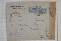 BA8 GRECE  BELLE LETTRE CENSUREE RECOM.  1919 ATHENES   A PARIS ++HOTEL MINERVA +GUERRE ++AFFRANC. INTERESSANT - Brieven En Documenten