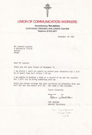 London Union Tom Jackson Royal Mail Strike Leader Hand Signed Letter - Autógrafos