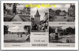 Helmstedt - S/w Mehrbildkarte 1   Albrechtsplatz Markt Hausmanns Turm Zonengrenze Waldbad Birkerteich - Helmstedt