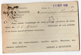 Paris Carte De Correspondance Commerciale  SIEGEL ET AUGUSTIN (gainerie) Avec Timbre Perforé VNS 1918 (PPP38298) - Cartas & Documentos