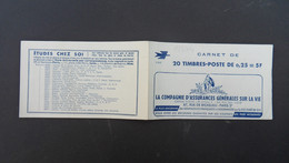 COUVERTURE DE CARNET DE 20 TIMBRES-POSTE DE 025=5NF S. 8-63 LA COMPAGNIE D'ASSURANCES GENERALES SUR LA VIE - 1960 Marianne Of Decaris