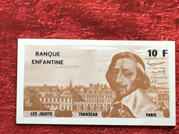 Un Carnet Complet 10 Billets De 10F France De La Société Des Banque Enfantine ,Les Jouets Jeu Transcar, Monnaie-Fictifs - Specimen