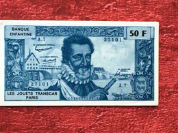 Un Carnet Complet 10 Billets De 50F France De La Société Des Banque Enfantine ,Les Jouets Jeu Transcar, Monnaie-Fictifs - Specimen