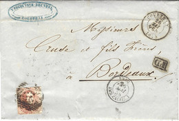 1858- Lettre De COURTRAI   Affr. 40 C Annul. 29 Pour Bordeaux  -entrée BELG. AMB. CALAIS. J - Marques D'entrées