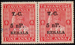 1950. TRAVANCORE. ONE ANNA REVENUE Overprinted T-C. 5 NP KERALA In Pair.  - JF523641 - Chamba