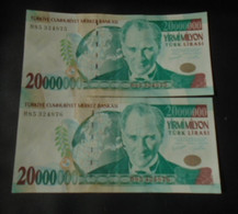 TURKEY , P  215 , 20'000'000 Lira , 2001 , Almost UNC  Presque Neuf , 2 Notes - Turkey