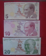 TURKEY, P 222a 223a 224a, 5 + 10 + 20 Lira , 2009, UNC Neuf , 3 Notes - Turquie