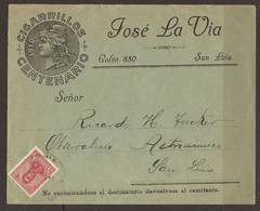 ARGENTINA. 1911. COMMERCIAL COVER. ADDRESSED TO ASTRONOMICAL OBSERVATORY. SAN LUIS. CIGARRILLOS CENTENARIO JOSE LA VIA E - Cartas