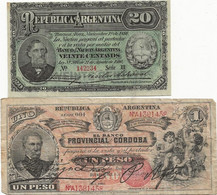 22-8-2249 Argentina Lot 5 Billets Dont 2 En Très Mauvais état Un Peso 1881 - Centavos : 20 (1890) 10 (1891) 5 Et 20 - Argentina