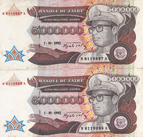 ZAIRE 2 X 5,000,000 ZAIRES 1992 CONSECUTIVE NOTES VF-EXF P-46a "free Shipping Via Regular Air Mail (buyer Risk) - Zaire