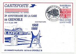 Entier Repiqué CP 2,20 Institut Pasteur - 20eme Anniversaire Gare De Grenoble - 38 GRENOBLE - 11/12 Juin 1968 - Overprinter Postcards (before 1995)