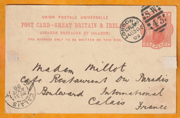 1899 - QV - GB And Ireland One Penny Post Card From London SW To Calais, France - Arrival Stamp - Material Postal