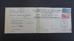 QUITTANCE LA MUTUELLE DE LYON ASSURANCE 1er Avril 1960 Pour Mr DESHORS TIMBRE FISCAL 10F + 1F - Cartas & Documentos