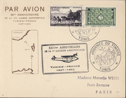 Par Avion 25e Anniversaire 1ère Liaison Aéropostale Tunisie France 1927 1952 Cachet + CAD Tunis Journée Du Timbre 8 3 52 - Luchtpost