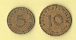 Germania 5 + 10 Reichspfennig 1938 A E 1937 F Germany Third Reich Bronze Coin - 5 Reichspfennig