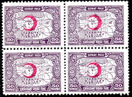 1017.TURKEY,1943-6 50K RED CRESCENT,MAP.MICH.49III,Y.T.100A PERF. 10 X 11 3/4 MNH BLOCK ,CREASE AT LOWER RIGHT CORNER - Nuevos