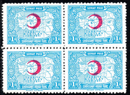 1018.TURKEY,1943 1L. RED CRESCENT,MAP.MICH.50III,Y.T.90A PERF. 10 X 11 3/4 MNH BLOCK ,UPPER PAIR NATURAL PAPER CREASE - Ongebruikt