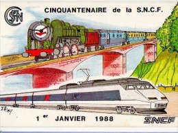 CP - Cinquantenaire De La SNCF 1er Janvier 1988 - Machine Vapeur Et TGV - Illustration De D Droniou - Cp N° 1988 26 - Sizi