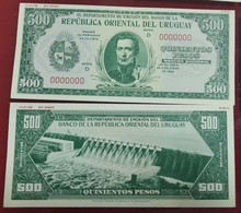 URUGUAY, P Unl 40p , 500 Pesos , L 1939 (1966) , UNC ,  PROOF COLOUR TRIAL SPECIMEN , 2 Notes Green - Uruguay
